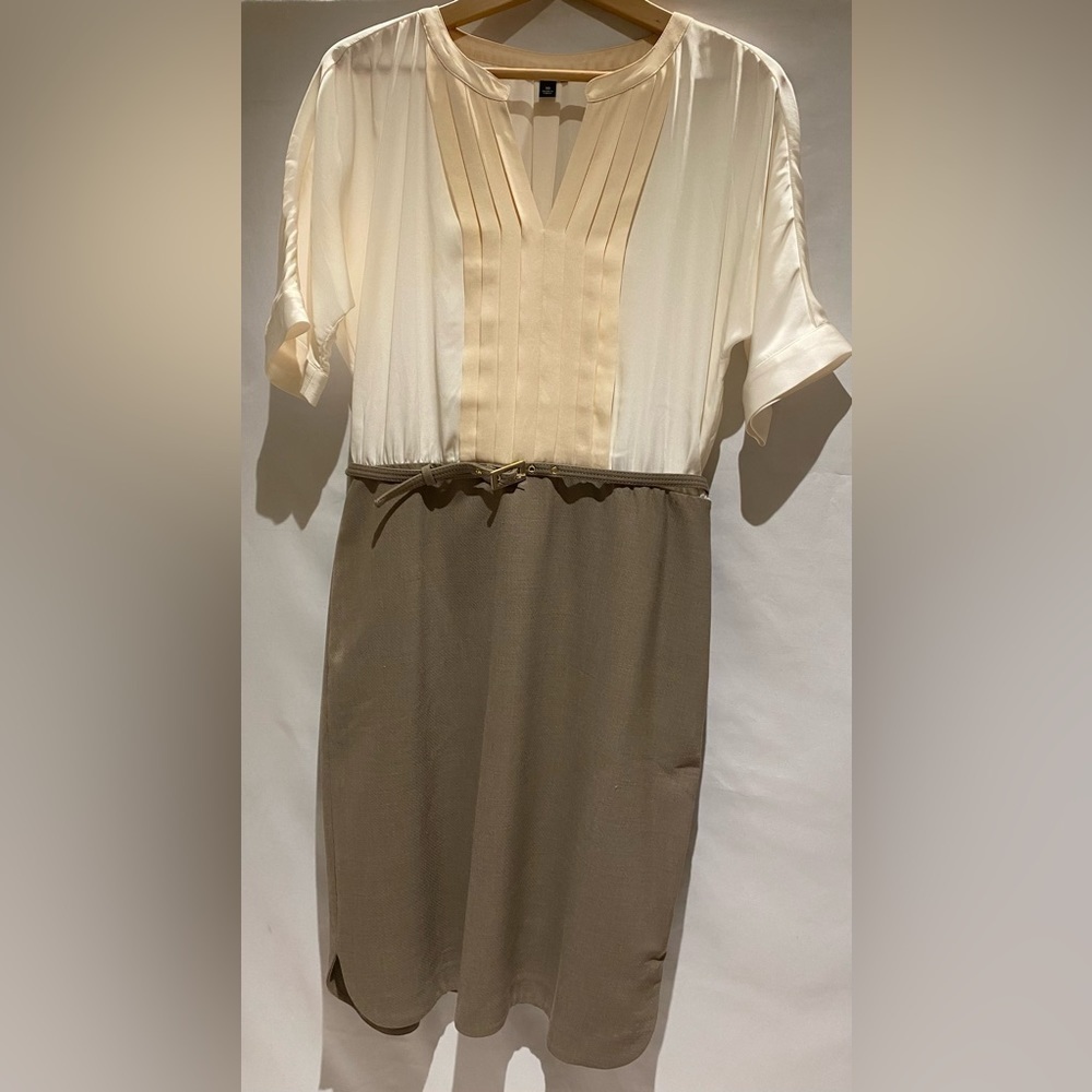 Ann Taylor Cream Pink Beige Belted Sheath Dress Midi Size 10